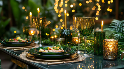 Elegant Festive Dinner Table with Candles and Bokeh Lights