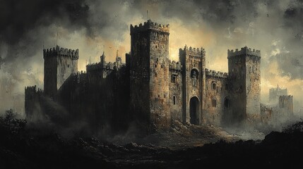 Fototapeta premium Dark, imposing castle, stormy sky, lonely path.