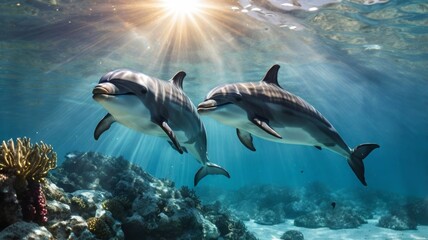 Naklejka premium Graceful Dolphins Swimming in Crystal Clear Waters with Sunlight Rays