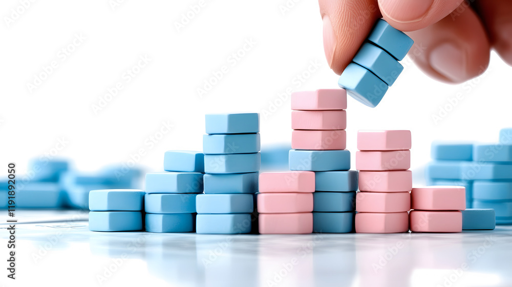 Aufkleber a hand places a blue block atop a stack of pink and blue blocks, representing growth and data analys