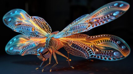 Fototapeta premium A vibrant, intricately designed dragonfly with glowing wings, showcasing artistic creativity.