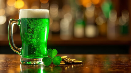A glass of green beer, next to green clover, gold coins, on the bar, St. Patrick's Day, copy space