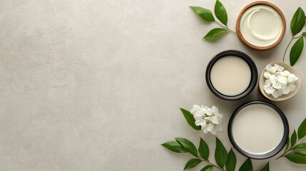 A serene arrangement of skincare creams and leaves on a textured surface, emphasizing natural beauty and wellness