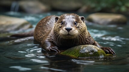 A charming otter rests on a mossy rock in a flowing river, showcasing its wet fur and whiskers