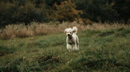 Energetic white poodle running joyfully on the lush green grass, showing its lively and active nature. A charming sight of a pet in an open space.
