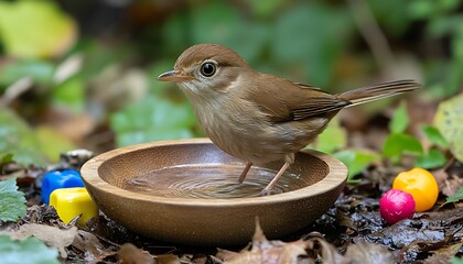 Small Brown Bird Bathing in Wooden Bowl Outdoors