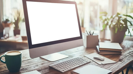 On a wooden table is a computer monitor with an empty white screen, and next to it is a green coffee mug, keyboard, mouse, books and sheets of paper. A mockup of a stylish monitor. The writer's room