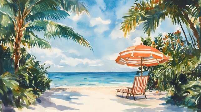 Serene Beach Scene with Striped Umbrella and Chair