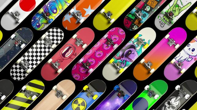 skateboard mosaic animation. 20 different art shapes over wihte and black background. Seamless loop. With luma matte.