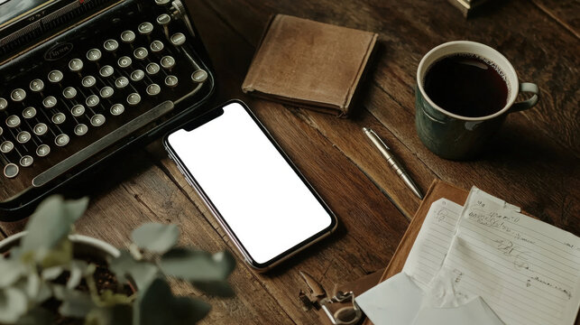 A stylish workplace for a writer. Phone mockup. A mobile phone with an empty screen lies on a wooden table next to a typewriter, a cup of coffee and a diary