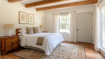 Fototapeta premium A bright and cozy bedroom with wooden beams and soft decor.