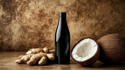 Naklejka premium 74.A dramatic composition featuring a sleek black bottle standing next to a halved coconut with creamy white flesh and a cluster of fresh ginger roots, all set on a rich brown background.