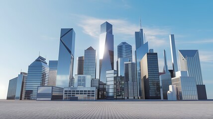 Obraz premium Modern city skyline sunrise; urban landscape; business district; architectural design; future metropolis