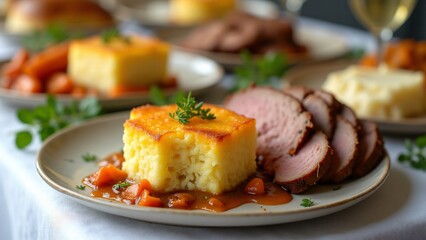 Close-up of Passover dishes like kugel, tzimmes, and brisket, showcasing their rich textures, vibrant colors, and traditional significance.