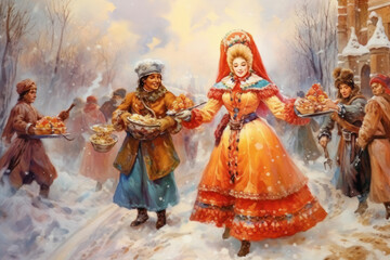 Fototapeta premium scene of Maslenitsa celebration in Russia, where people in traditional costumes are having fun and dancing in the street under the falling snowflakes
