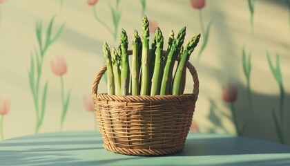 Asparagus on rattan basket in wooden table with sunlight