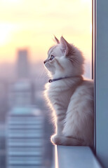 A cat is sitting on a window sill looking out at the city. The cat is wearing a collar and he is curious about its surroundings. The cityscape in the background is a mix of tall buildings and a bridge