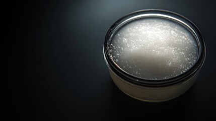 38.A minimalist composition of cold coconut oil in a frosted glass container, with condensation droplets, set against a deep black background for a sleek, modern aesthetic.