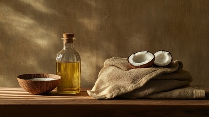 27.A minimalist setup of coconut oil in a clear bottle and a matching bowl, complemented by a plush towel and subtle coconut shell accents on a brown wooden background.