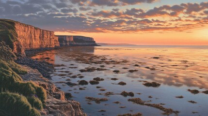 Fototapeta premium Coastal Cliffs Sunset Seascape Reflection Calm Ocean