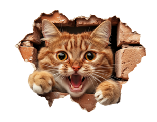 A ginger cat with wide eyes and open mouth appears to be breaking through a brick wall, isolated on a transparent background.