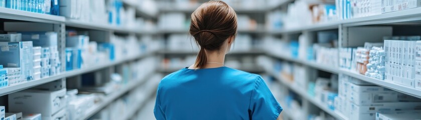 A healthcare professional organizing medical supplies in a pharmacy.