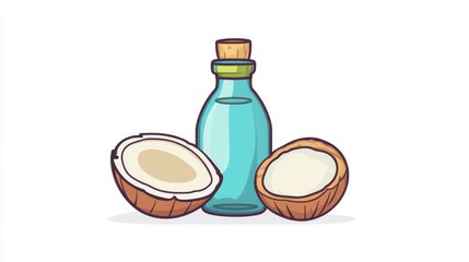 79.Coconut Oil Bottle and Half Nut Cartoon Icon Isolated on White Background