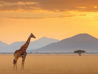 Obraz premium A majestic giraffe stands in golden grass at sunset.
