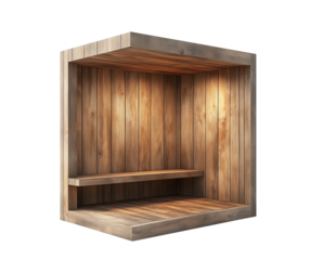 A rustic wooden half-body image of a steam room is isolated on a transparent background.