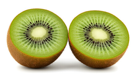 Fototapeta premium A single kiwi fruit, divided into two equal parts, is set apart on a white surface.