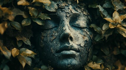 Close up of a woman's face with a cracked mask, surrounded by leaves.
