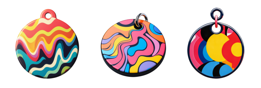 Three round pet ID tags with colorful, swirling designs are isolated on a transparent background. - Powered by Adobe