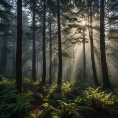 Obraz premium Leonardo_Kino_XL_A_foggy_forest_with_sunlight_piercing_through_0 