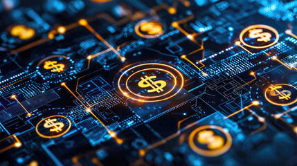 Fototapeta premium Digital currency symbols on futuristic circuit board