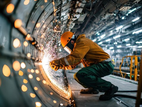 A worker engages in welding within a modern industrial setting.