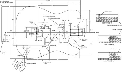 Vector illustration of a guitar musical instrument design sketch with detailed scale size 