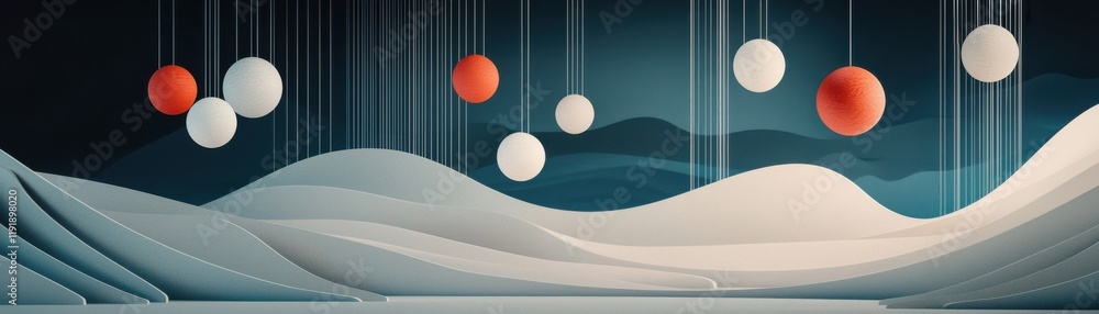 Poster abstract landscape with floating orbs and smooth flowing shapes.