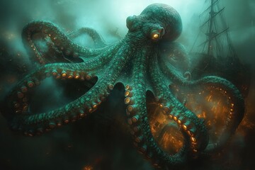 Giant octopus attacks sunken, glowing ship.