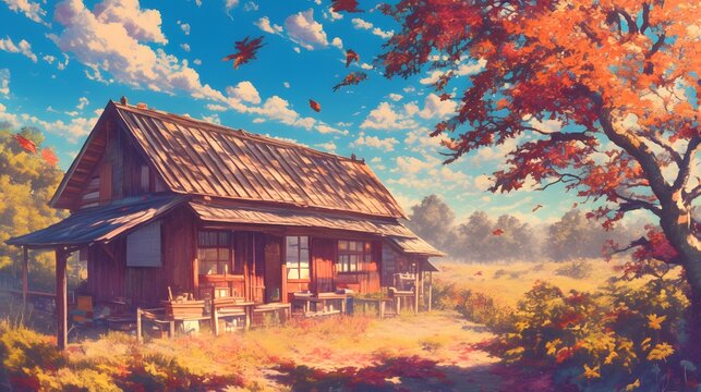 Anime-style oil painting of a summer landscape, featuring an old wooden house surrounded by autumn trees, evoking a nostalgic feeling.