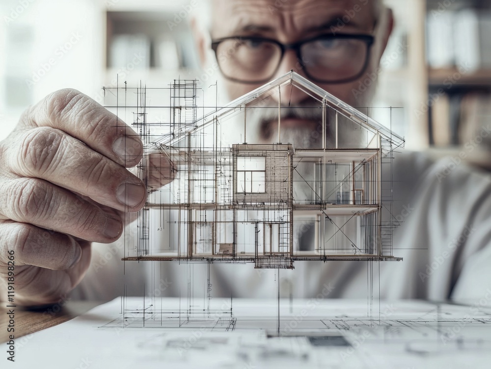 Poster an architect examines a scale model of a modern house design.