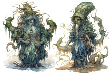 two mythological creatures similar to ancient forest spirits or magicians 