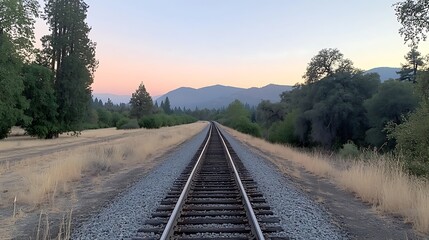 Fototapeta premium Tranquil Sunset View over Railroad Tracks in Mountainous Landscape