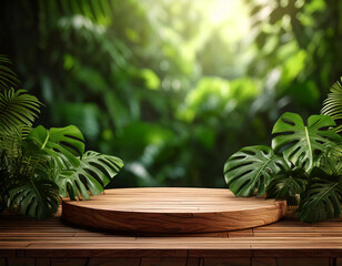 Wooden podium stage for show products with green Monstera on blurred forest background