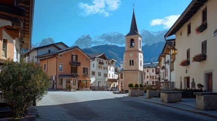 Picturesque Alpine Village Square with Bell Tower and Mountain Backdrop