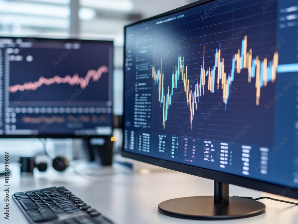 Poster data analysis screens displaying market trends and statistics.