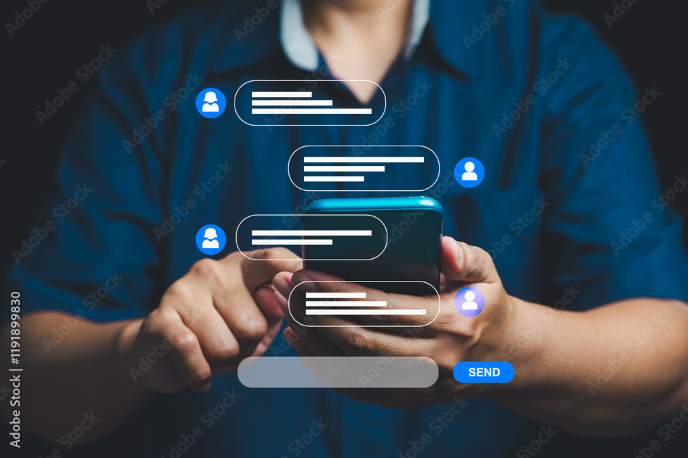 Poster close-up of hands texting on smartphone with holographic chat interface for social media and messagi