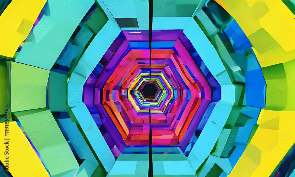 Wall mural abstract colorful hexagonal tunnel, vibrant geometric pattern, 3d rendering.