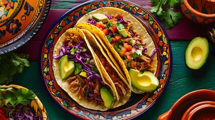 Delicious Mexican Tacos with Pulled Pork Avocado and Cabbage