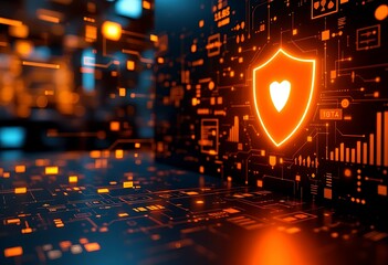 Digital heart shield; data security; network background; cybersecurity concept; tech illustration