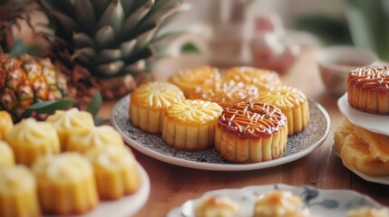 A set of traditional Chinese New Year pastries like mooncakes and pineapple tarts on a festive table